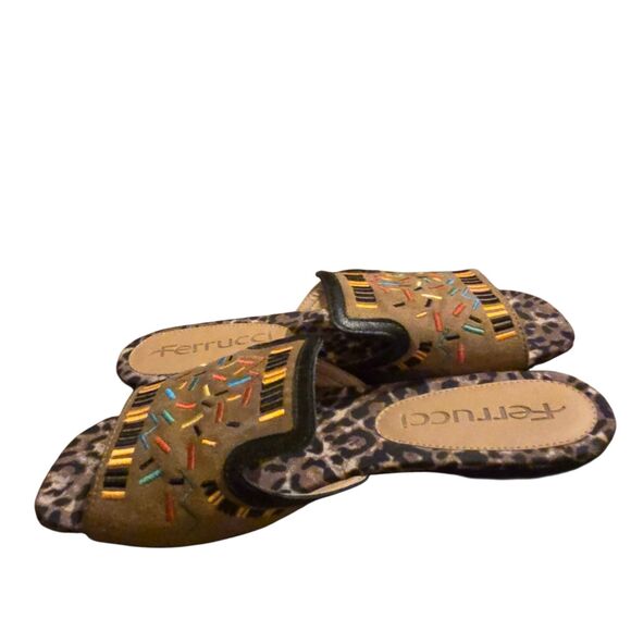 Ferrucci Leopard Embroidered Sandal US 7B Leather Suede Hand Made Maximalist - Picture 6 of 12